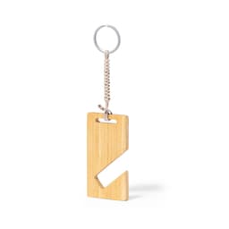 A bamboo keyring with a unique geometric design, featuring a metal keychain attachment and a braided cord.