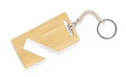 A bamboo keyring with a unique geometric shape and a secure loop for attachment.