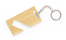 A bamboo keyring in a zigzag design, featuring a silver keyring and a woven cord attachment.