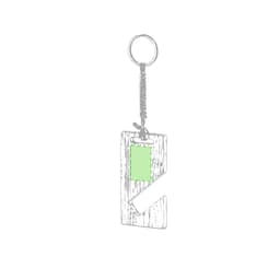 A keyring with a textured wooden design and a green label area, attached to a metal ring.