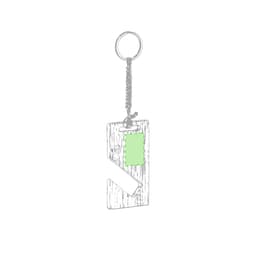 A keyring featuring a wooden tag design with a silver chain and a loop for attaching keys.