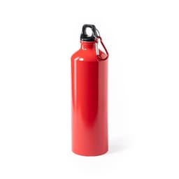 A red drink bottle with a black lid and a carabiner clip for convenience.