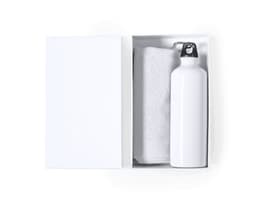A white drink bottle and a grey towel in a white box, featuring a logo on the bottle.