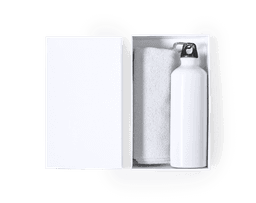 A white drink bottle and a white towel in a rectangular white box, featuring a simple design.