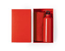 A red drink bottle and towel inside a matching red box, with a logo on the bottle.