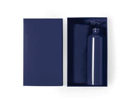 A navy blue drink bottle and a matching towel in a sleek box. The box has a logo on the inside.