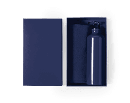 A drink bottle and a towel in a navy blue box, featuring a logo on the bottle.