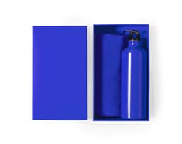 A blue drink bottle and a blue towel presented in a matching box. The packaging features a logo.