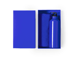 A blue drink bottle and a blue towel are presented in a matching box. The set includes a logo on the bottle.