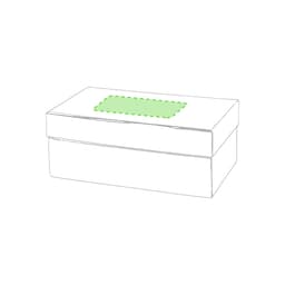 A rectangular white box with a green, rectangular opening on the top and a separate lid. It has branding on the side.