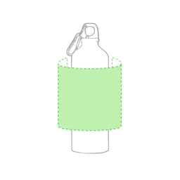 A drink bottle in silver with a green sleeve and a carabiner clip attached. It features a logo.
