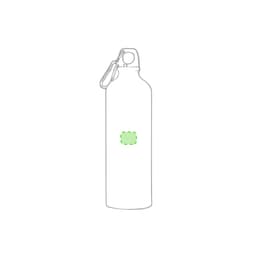 A drink bottle with a metal body and a secure lid, featuring a detachable carabiner and a green logo area.