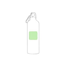 A drink bottle in a sleek design, featuring a green rectangular area and a metal clasp for easy carrying.