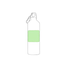 A green drink bottle with a logo, featuring a carabiner clip for easy attachment.