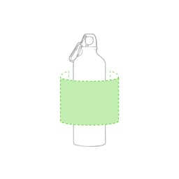A drink bottle with a green sleeve around its middle, featuring a carabiner clip at the top and a logo.