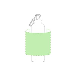A drink bottle with a green sleeve and a carabiner clip, featuring a logo.