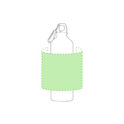 A drink bottle in silver with a mint green sleeve and a carabiner attachment. Features a logo on the surface.