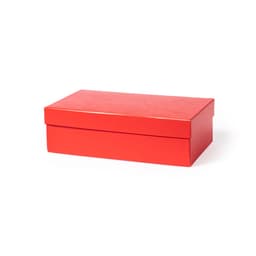 A red rectangular box with a lid, designed for storing various items. Features a smooth surface.