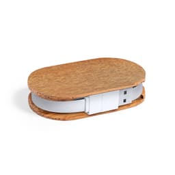 A USB drive with a wooden exterior, featuring a sleek, oval design in natural brown and white tones.