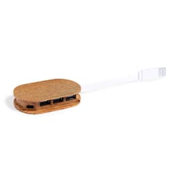 A USB hub with a wooden casing and a white cable, featuring multiple USB ports.