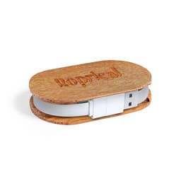 A wooden USB drive with a removable white connector, featuring a logo engraved on the surface.
