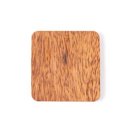 A wooden wireless charger with a smooth, natural finish and intricate grain patterns, featuring a subtle logo.