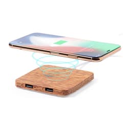A wireless charger in a wood finish, with a smartphone hovering above it, emitting charging signals.