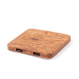 A wireless charger with a wooden finish, featuring two USB ports on the side. It has a sleek, square design.