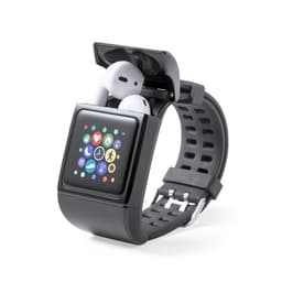 A smartwatch in black with a touchscreen display and white wireless earbuds stored on top. It has a sporty strap.