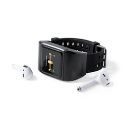 A black smartwatch with a square face and two wireless earbuds beside it. The smartwatch features a logo.