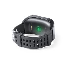 A black smartwatch with a textured strap, featuring a green light on the back and charging pins.
