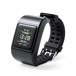 A black fitness watch with a digital display featuring time and various metrics. It has a durable strap with ventilation holes.