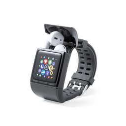 A smartwatch with a black strap and a screen displaying various app icons, with white earbuds resting in the top section.