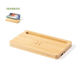 A bamboo wireless charger with a slot for a phone and a branding logo on the surface.