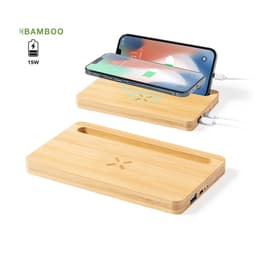 A bamboo wireless charger with a slot for a phone and additional ports. It has a simple, natural design.
