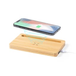 A wooden wireless charger with a smartphone positioned above it, displaying a charging icon. It has a sleek and modern design.