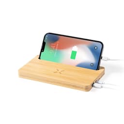 A bamboo wireless charger with a space for a smartphone, featuring connecting cables and a logo.
