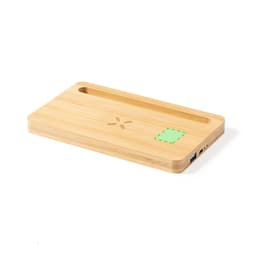 A bamboo wireless charger with an integrated organiser tray, featuring a USB port and a logo.