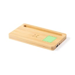 A bamboo wireless charger with a sleek design, featuring a slot and a USB port. It includes a brand logo.