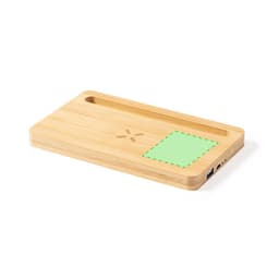 A bamboo wireless charger with a slot for devices and a green highlighted area. Features a branding logo.