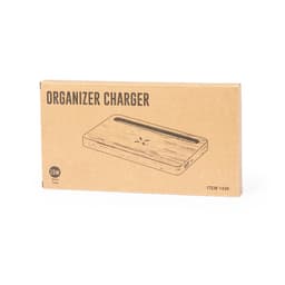A wooden wireless charger in a rectangular design, packaged in a brown box with branding and specifications details.