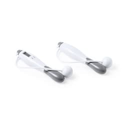 Two fitness massagers in white and grey, featuring a digital display and flexible cords. Each has a round attachment.