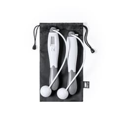 A fitness jump rope set in grey and white, featuring a digital counter, stored in a black drawstring pouch.