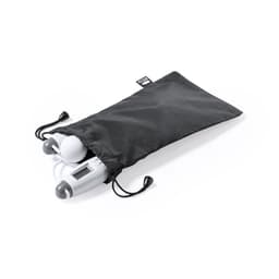 A black pouch containing fitness gear, including white items, with drawstring closure. Features a logo.