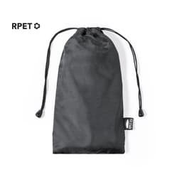 A black drawstring pouch made of recycled material, featuring a logo and toggles at the closure.