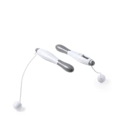 A grey and white fitness set including a skipping rope with a digital counter and weighted handles.