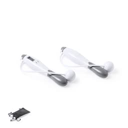 A fitness set featuring two grey and white devices with a digital display, accompanied by a black carry pouch.