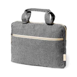 A grey fabric bag with two handles and a front zipper pocket, featuring a simple, minimalist design.