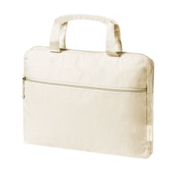 A cream-coloured bag featuring a zippered pocket and dual handles. It has a simple design and a logo.