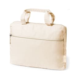 A beige bag with two handles and a front zipper pocket, featuring a logo. Suitable for miscellaneous uses.